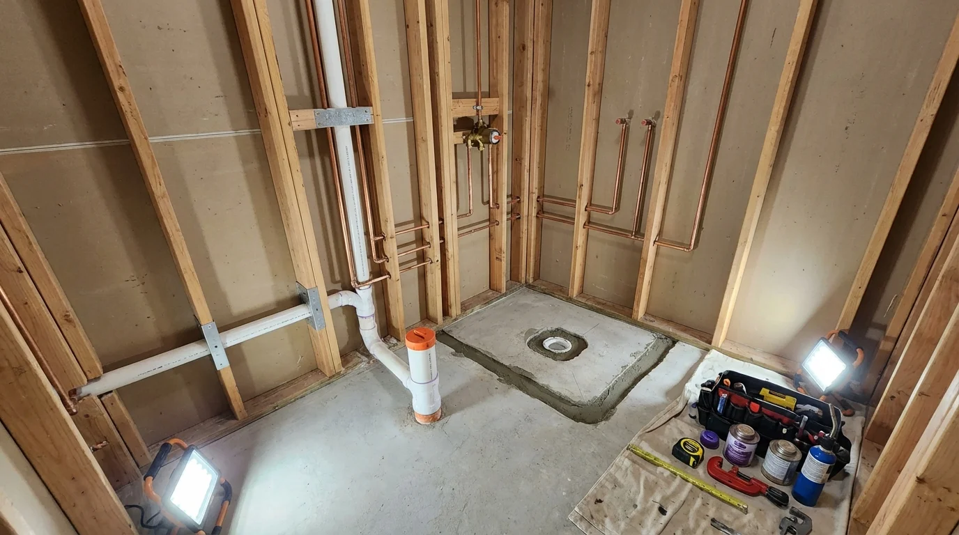 Bathroom rough-in plumbing during remodel by Johns Plumbing LLC in Winnett