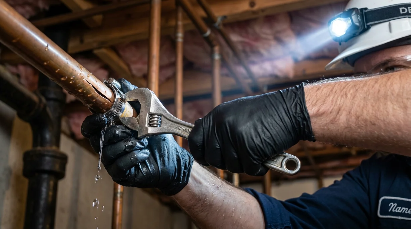 Emergency pipe clamp repair being performed by a Johns Plumbing LLC plumber in Winnett
