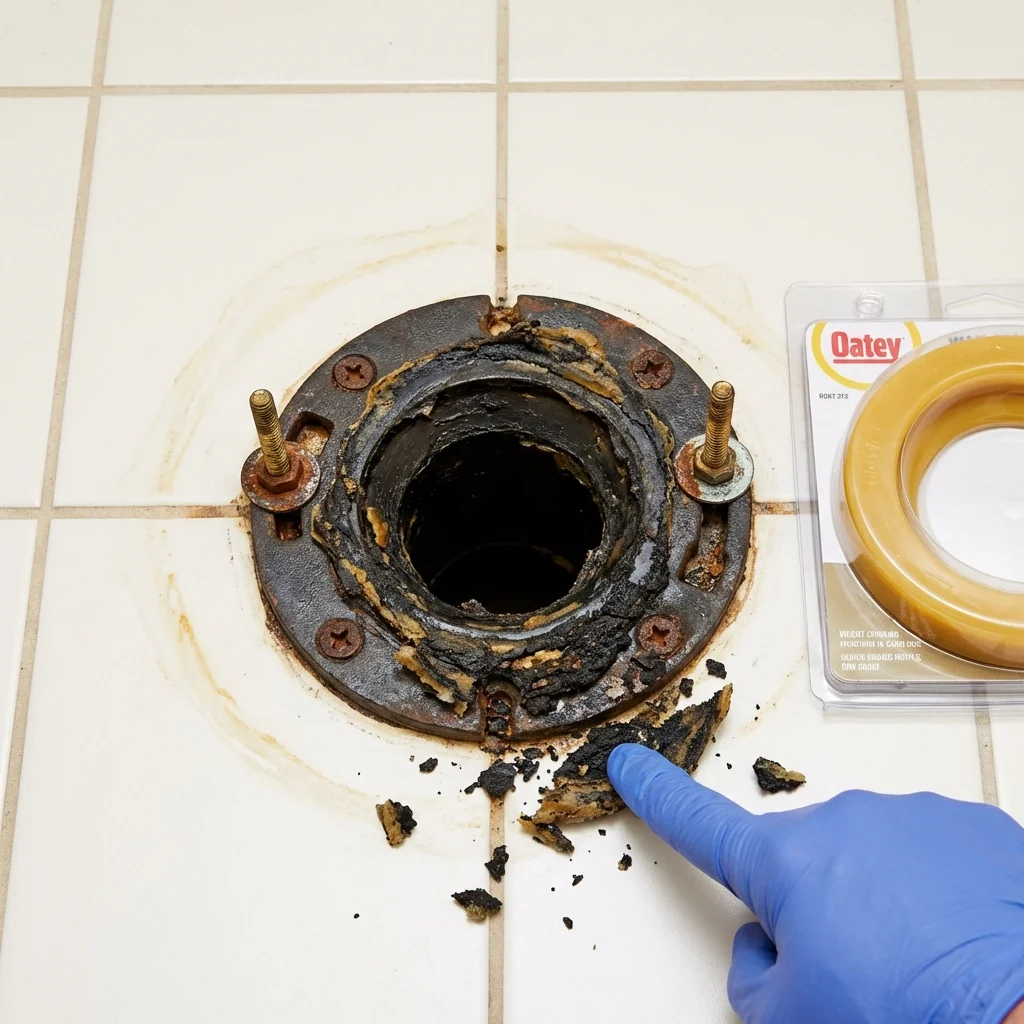 Failed wax ring showing water seepage at the base of a toilet in a Winnett, MT home