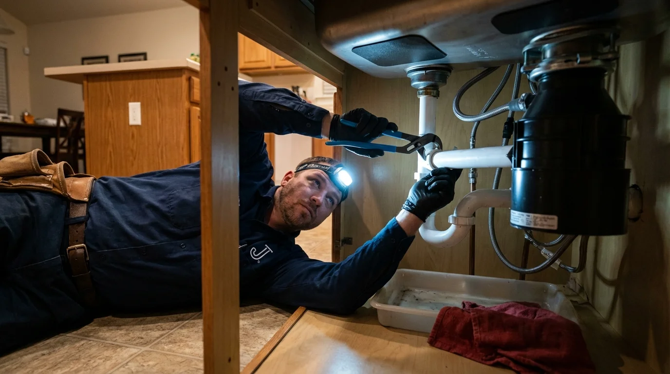P-trap and supply line connections under a kitchen sink showing a common leak point in Winnett, MT